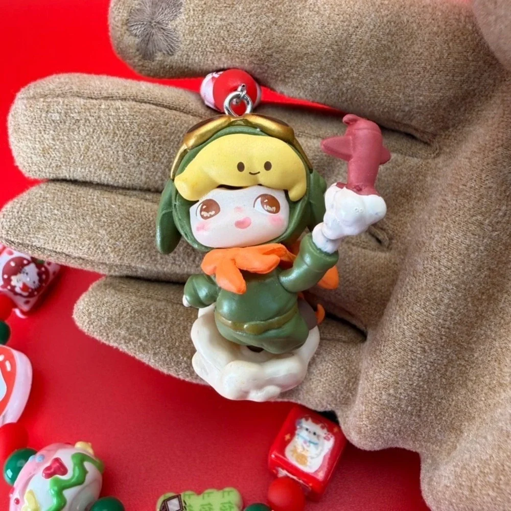 Handmade Xmas Aviator Girl Keychain Phone Bag Wristlet Red Green Charm 3 Layer